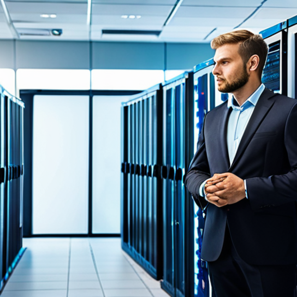 A professional IT manager in a modest business suit, fully clothed, standing confidently in a modern, clean data center. On the left, a bulky, older server rack with visible cables and blinking lights represents traditional, on-premise security. On the right, a sleek, glowing digital interface symbolizes a cloud-based Web Application Firewall (WAF), with subtle visual cues of data flowing efficiently and securely through the cloud. Professional photography, high resolution, perfect anatomy, correct proportions, natural pose, well-formed hands, proper finger count, natural body proportions, crisp focus, vibrant colors, safe for work, appropriate content, fully clothed, professional dress, professional.