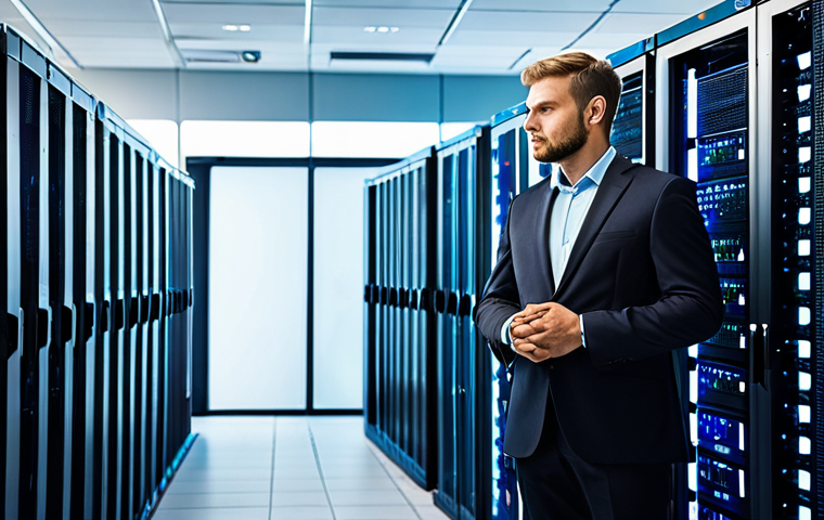 A professional IT manager in a modest business suit, fully clothed, standing confidently in a modern, clean data center. On the left, a bulky, older server rack with visible cables and blinking lights represents traditional, on-premise security. On the right, a sleek, glowing digital interface symbolizes a cloud-based Web Application Firewall (WAF), with subtle visual cues of data flowing efficiently and securely through the cloud. Professional photography, high resolution, perfect anatomy, correct proportions, natural pose, well-formed hands, proper finger count, natural body proportions, crisp focus, vibrant colors, safe for work, appropriate content, fully clothed, professional dress, professional.