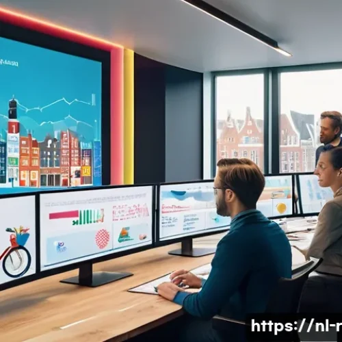 스팸 메일 탐지 기술 발전 - A modern Dutch office environment showing a diverse team of professionals analyzing large transparen...