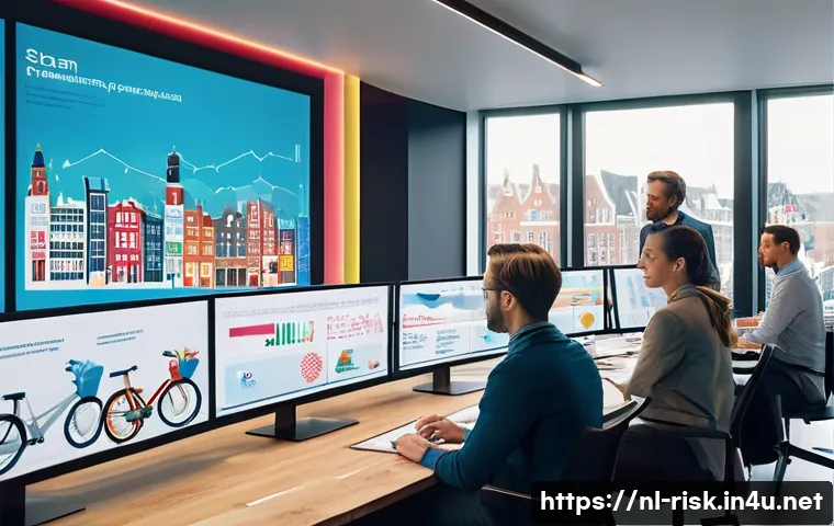 스팸 메일 탐지 기술 발전 - A modern Dutch office environment showing a diverse team of professionals analyzing large transparen...