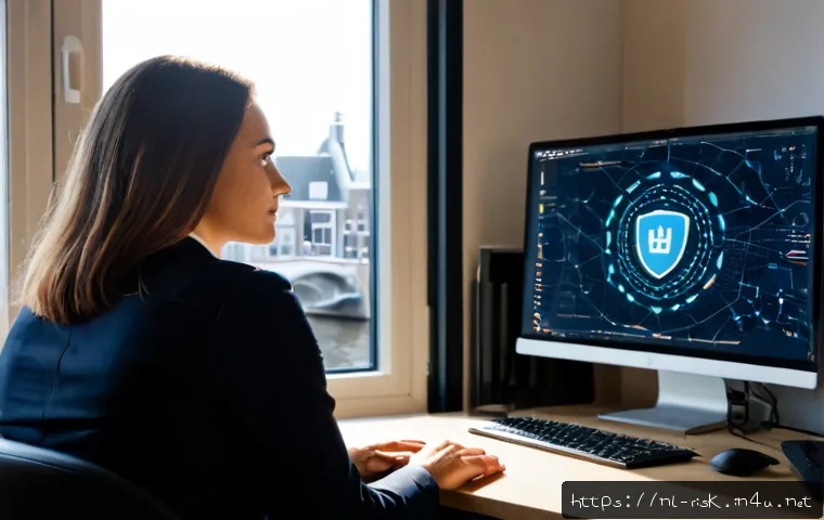 Home 17 보안 취약점 자동 탐지 도구 소개 - Photorealistic cybersecurity analyst in a modern Amsterdam office, seated at a clean desk with a lap...